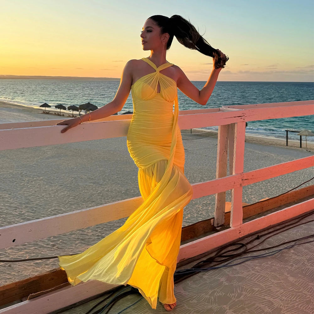 Yellow Color Women Sexy Halter Off the Shoulder Bodycon Long Mesh Dress Celebrate Birthday Party Vacation Girls' Dress Yellow