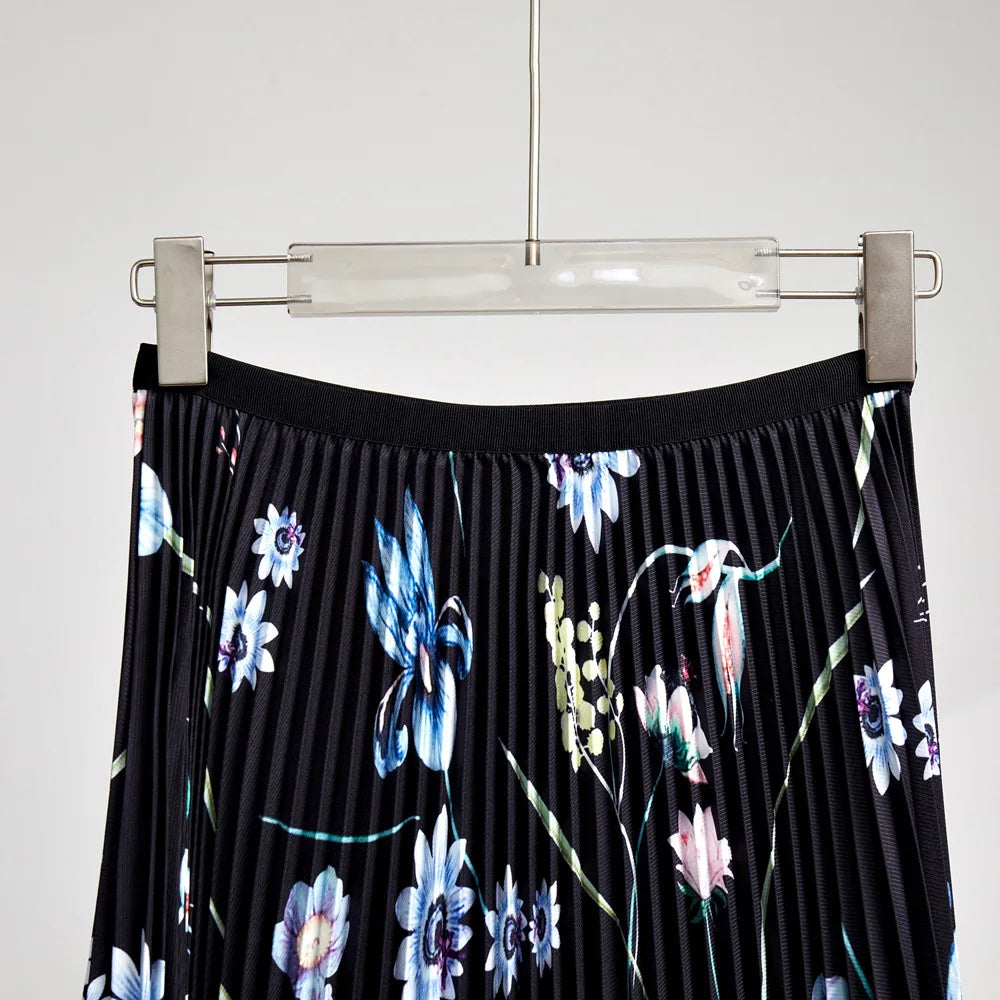 Spring Autumn Runway 2 Pieces Sets Women's Turtleneck Flower Print Stretch Pullover Top+Long Pleated Skirt Suit Female Outfits