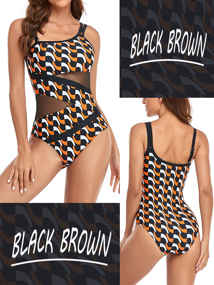 Sexy Mesh One-Piece Swimwear - One Shoulder Swimsuit Bodysuit Beachwear Brazilian Bathing Suits Summer Monokini Black Brown