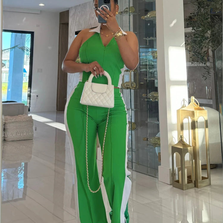 Sporty Patchwork Women's Set Sleeveless Polo-tank Tops and Slit Flare Pants 2025 Active Two 2 Piece Set Outfit Tracksuit