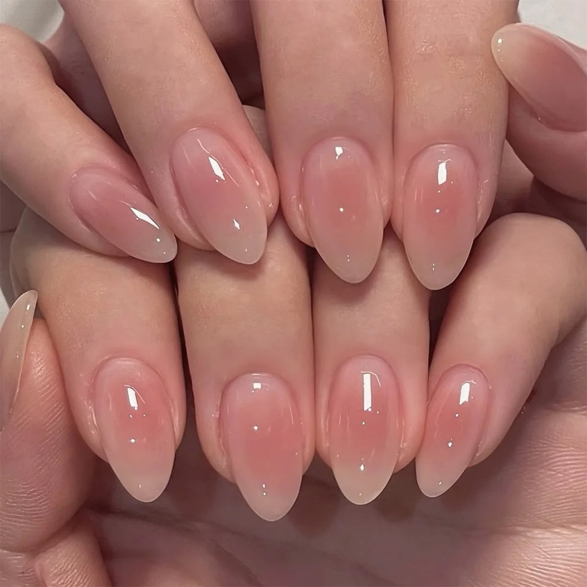 24Pcs Simple Nude Pink Press on Fake Nails with Almond Design Short Round Head False Nails Set Wearable Full Cover Nail Tips 3859