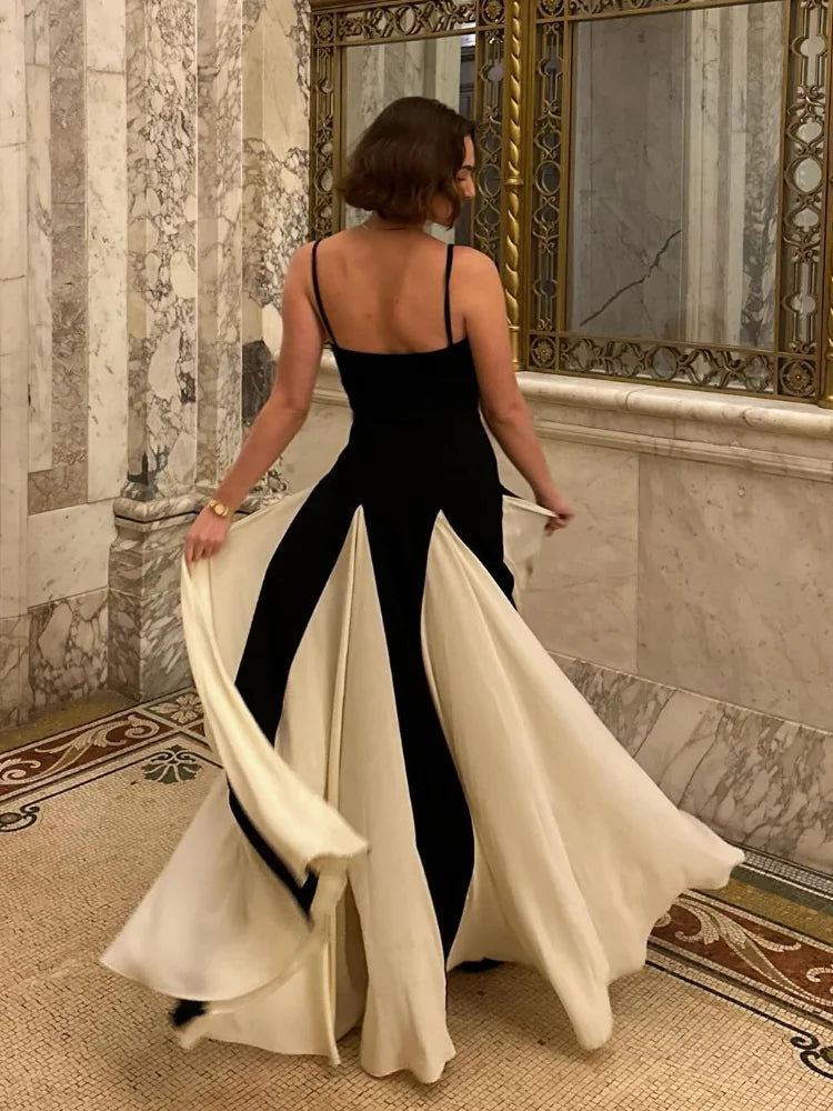 2025 Summer Elegant Contrast Patchwork Lady Spaghetti Strap Maxi Dress Backless Sleeveless High Waist A-line Robe Party Dresses