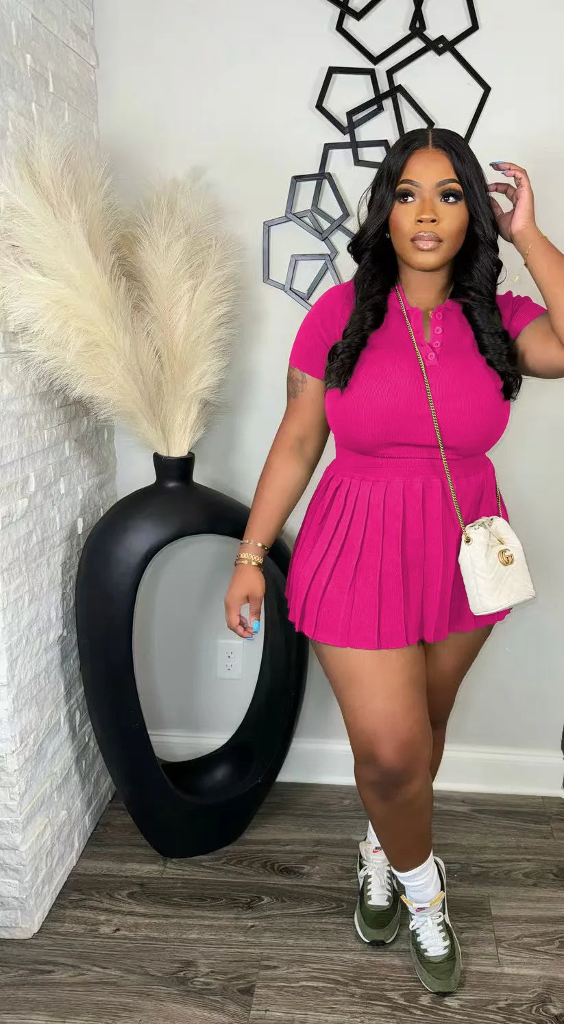Fashion Sport Women's Set Pleated Mini Skirt and Short Sleeve T-shirt Top 2024 Street Two 2 Piece Dress Sets Outfits Rose Red