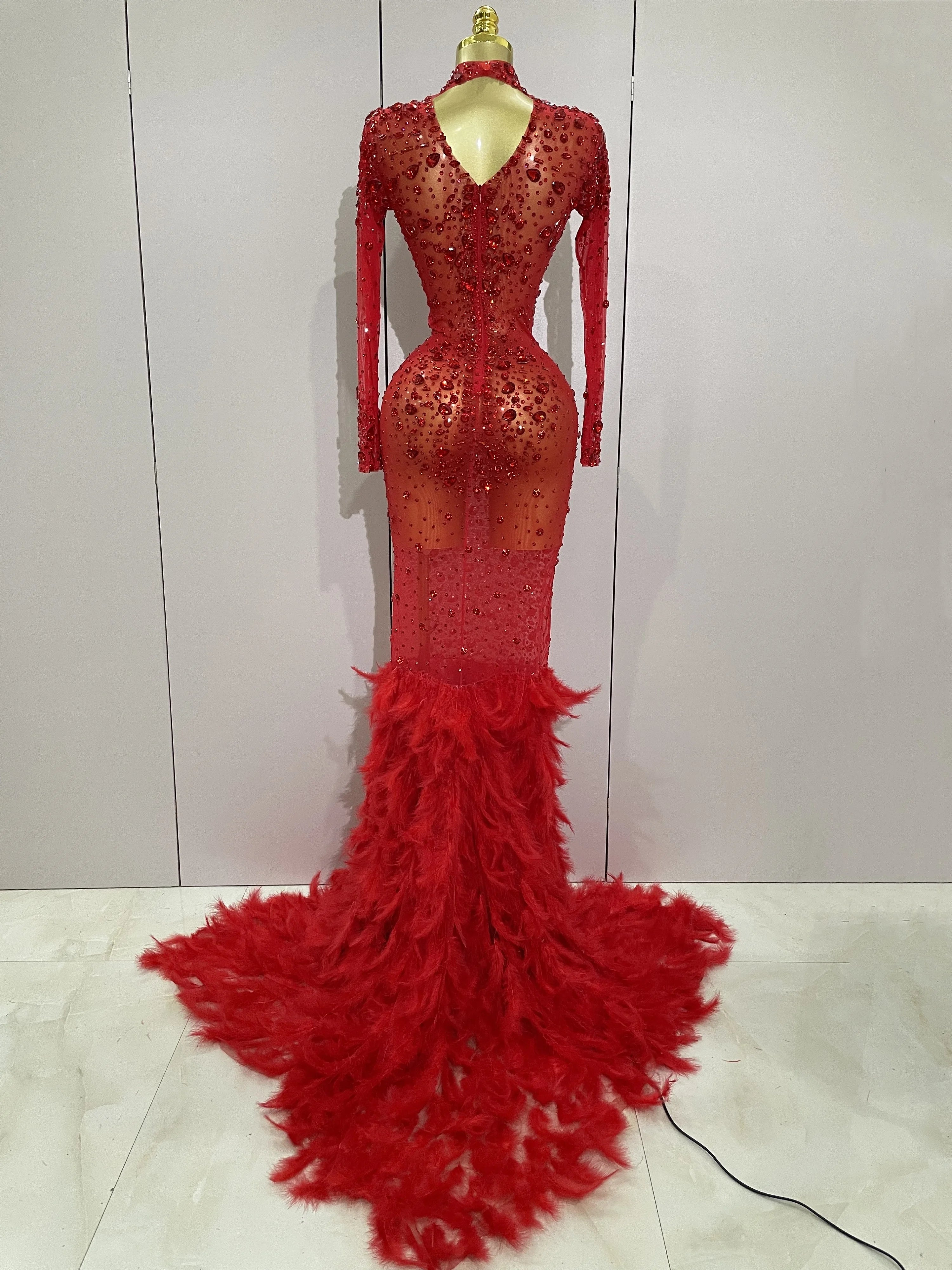 2025 New Sparkling Red Crystals Feathers Long Sleeve Mermaid Maxi Dress Women Wedding Celebrate Luxury Birthday Party Prom Gown