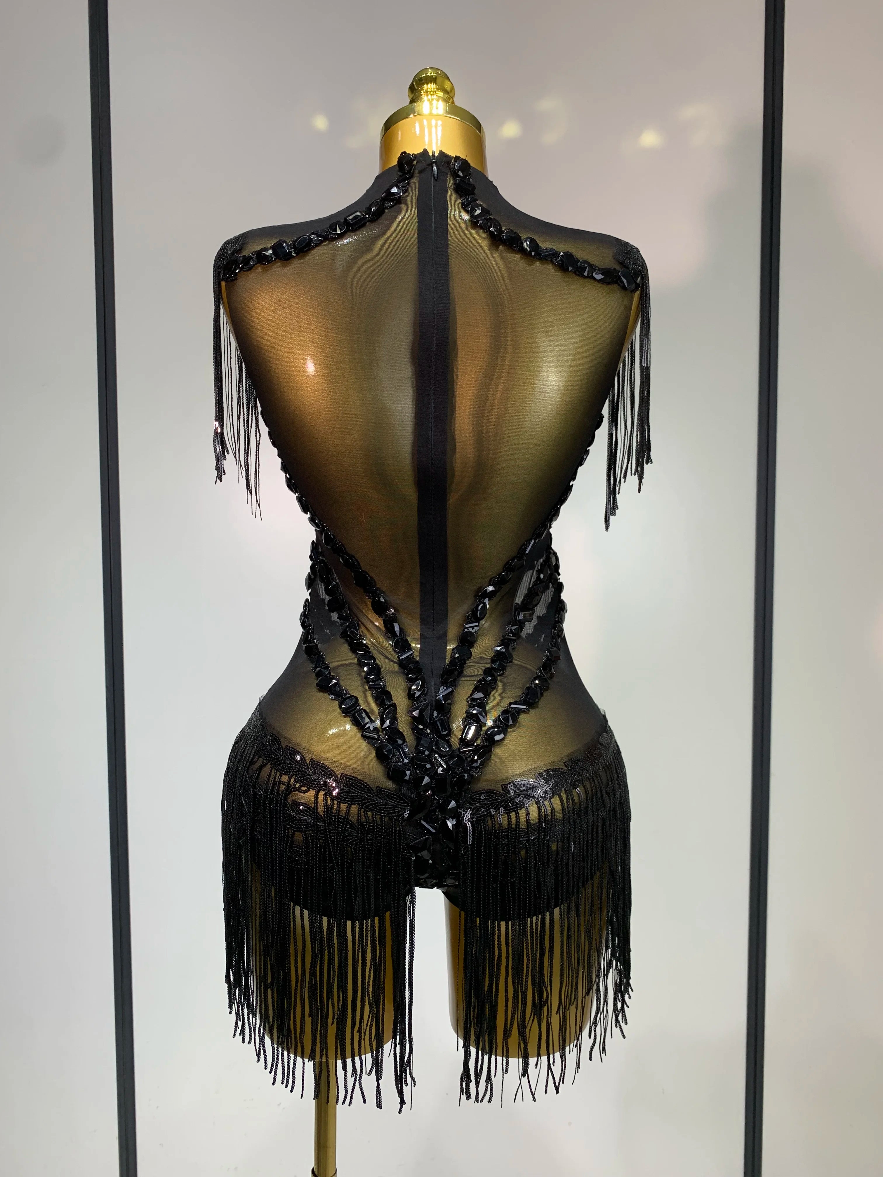 Sexy Mesh SeeThrough Black Rhinestone Bodysuit Singer Dancer Show Stage Outfit Celebrate Birthday party Club Performance Waer
