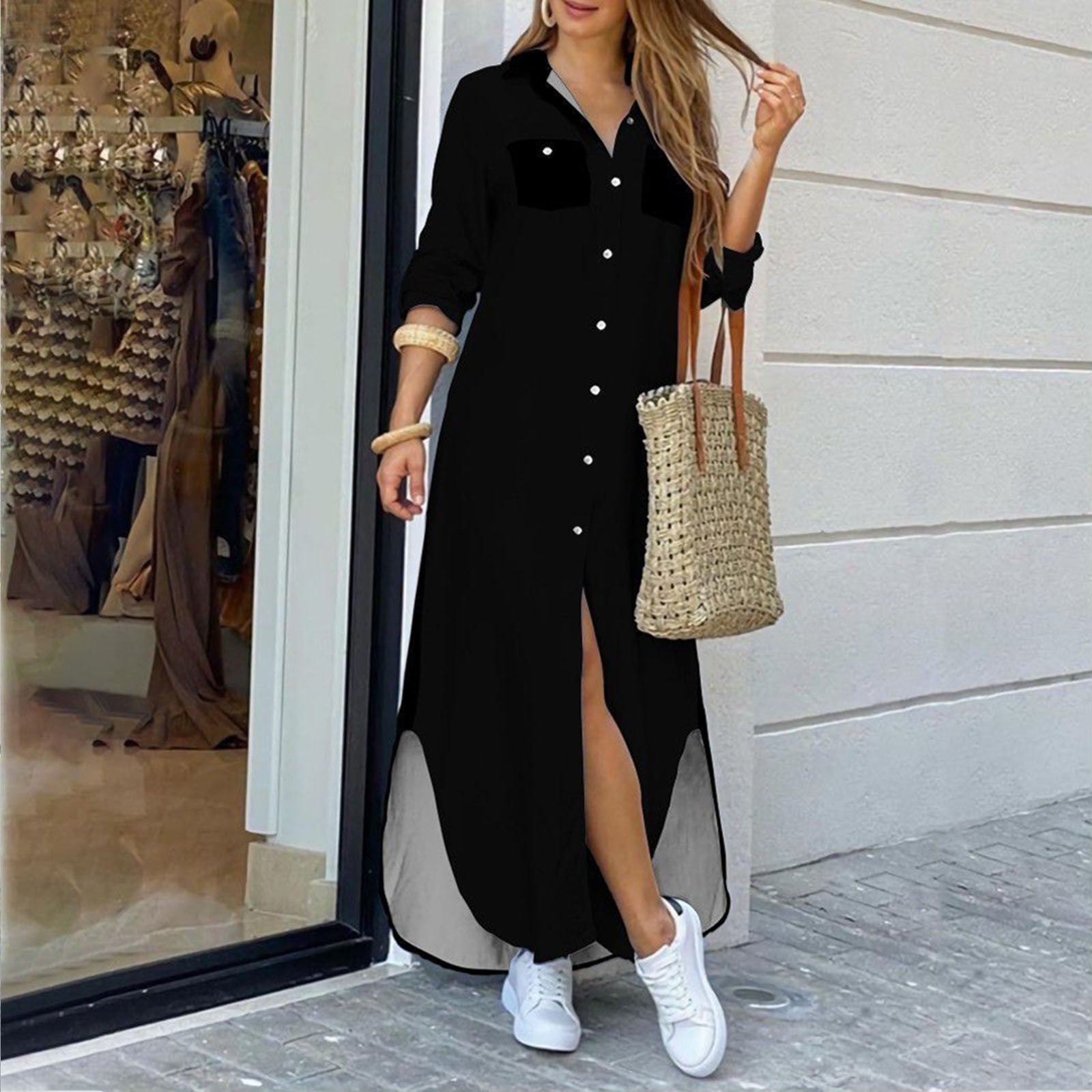 Summer Fashion Elegant Shirt Dress Women - Print Long Sleeve Button Ladies Office Holiday Casual Clothing Female Maxi Dress Black