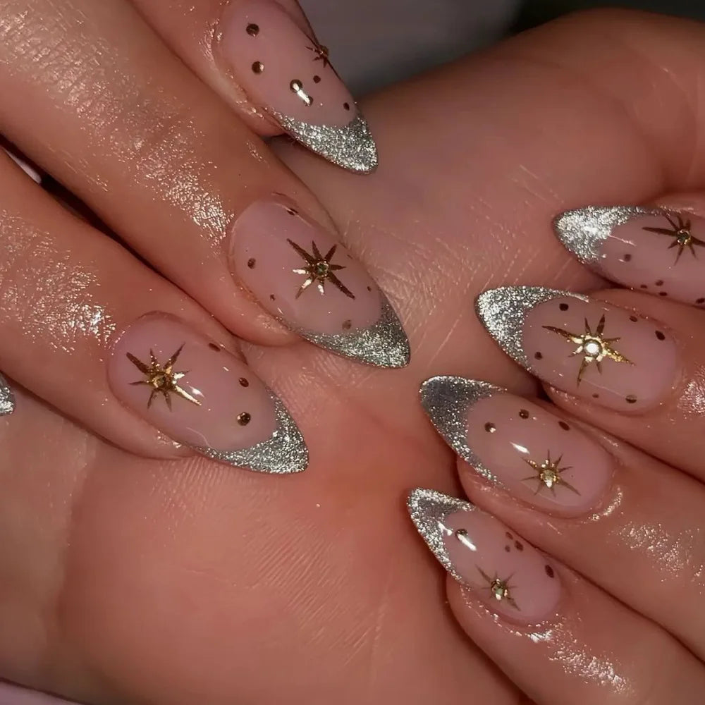 24Pcs Purple French press on nails with 3D broken diamond wearable mid-length almond fake nail tips round head false nails 884