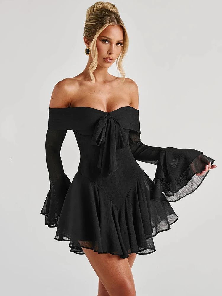 Mozision Strapless Long Flare Sleeve Sexy Mini Dress For Women Robe Off-shoulder Backless High Waist A-line Club Party Dress black