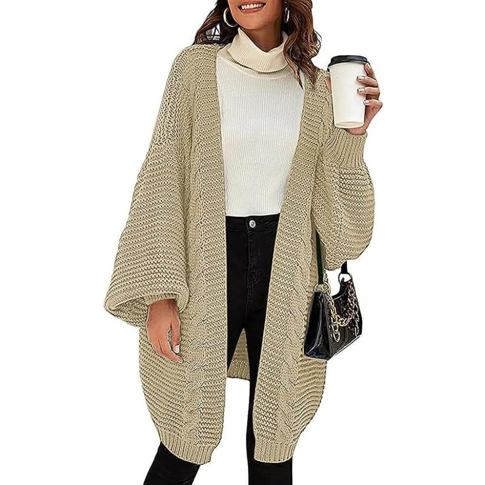 Womens Open Cardigan Long and Loose Sleeve Casual Knit Sweater Narrow Cuffs Solid Color Warm Coats Beige