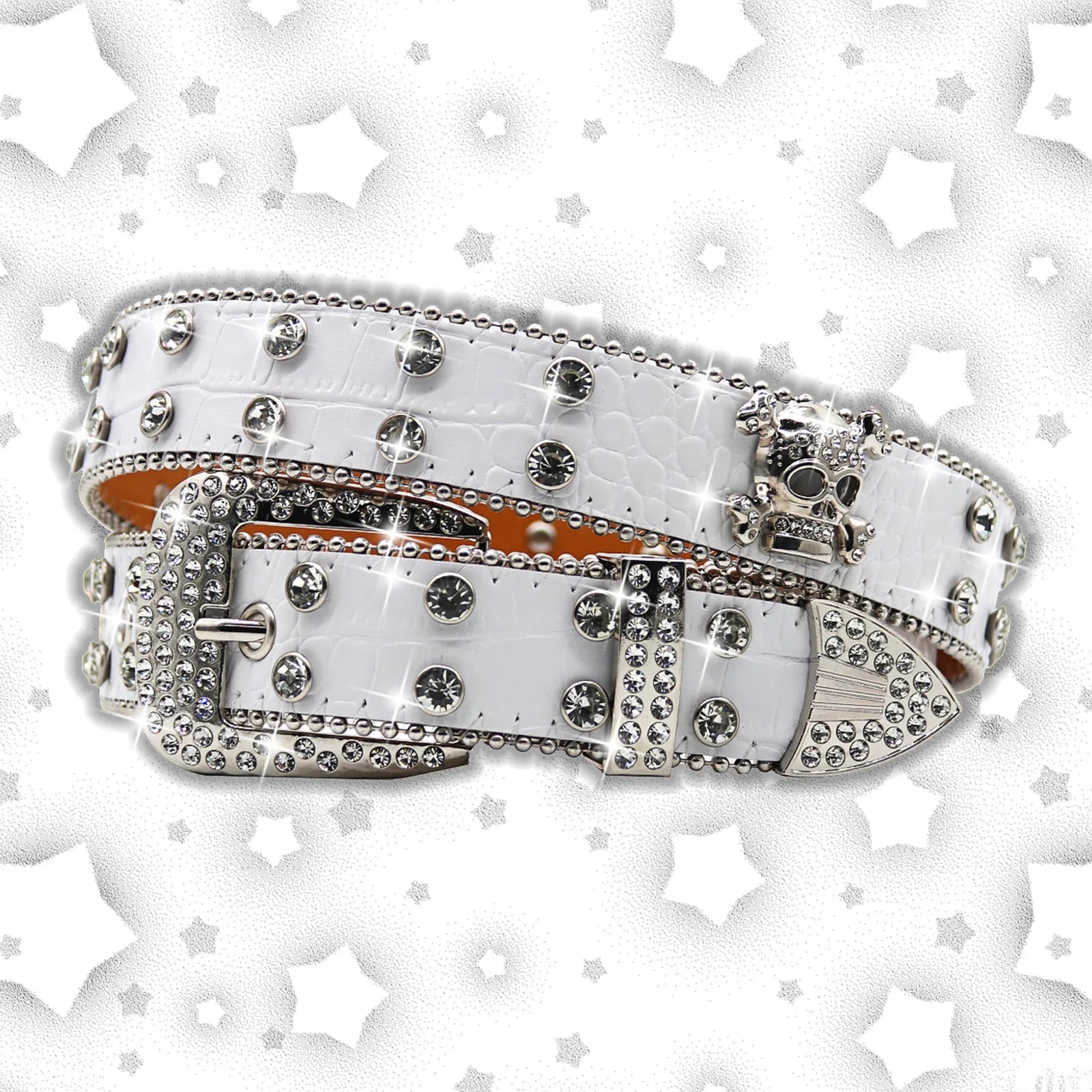 Women's Brand Luxury Sequin Punk Metal Buckle Belt Y2k Bling Skull Rhinestone Belt Fashion Waistband Jeans Pants Decor Belt White