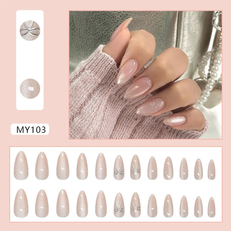 24pcs Shiny Green Cat Eye False Nails Cute Seal Print Fake Nails Tips Wearable Reusable Glossy Short Round Press on Nails 10