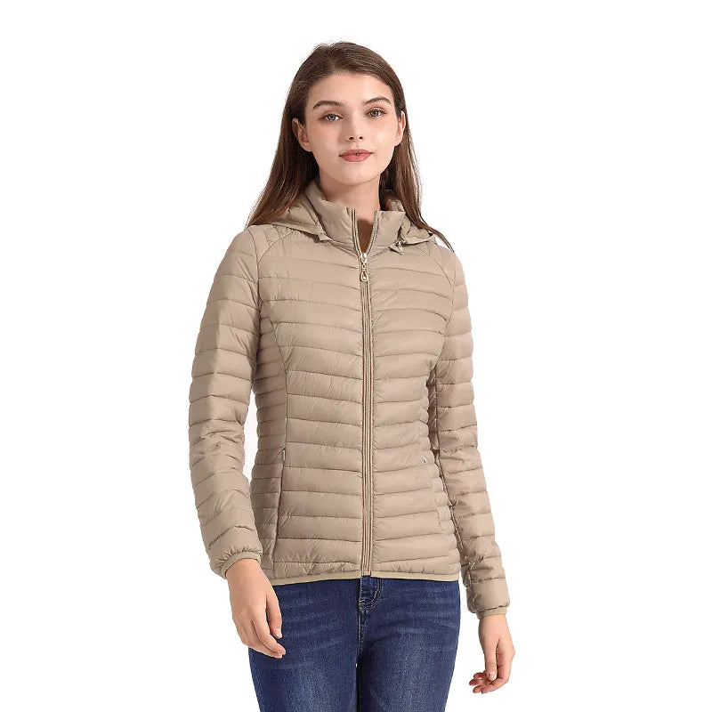 Winter Parka Ultralight Padded Puffer Jacket For Women Coat With Hood Outdoor Warm Lightweight Outwear With Storage Bag Beige