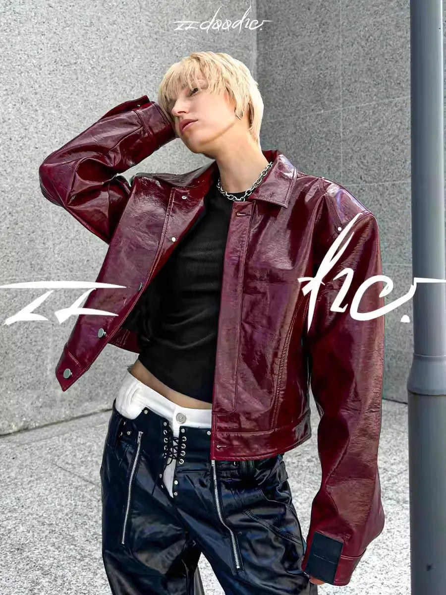 Lautaro Autumn Cool Short Oversized Pu Leather Jacket Women Shoulder Pads Zippper High Quality American Retro Punk Style Clothes