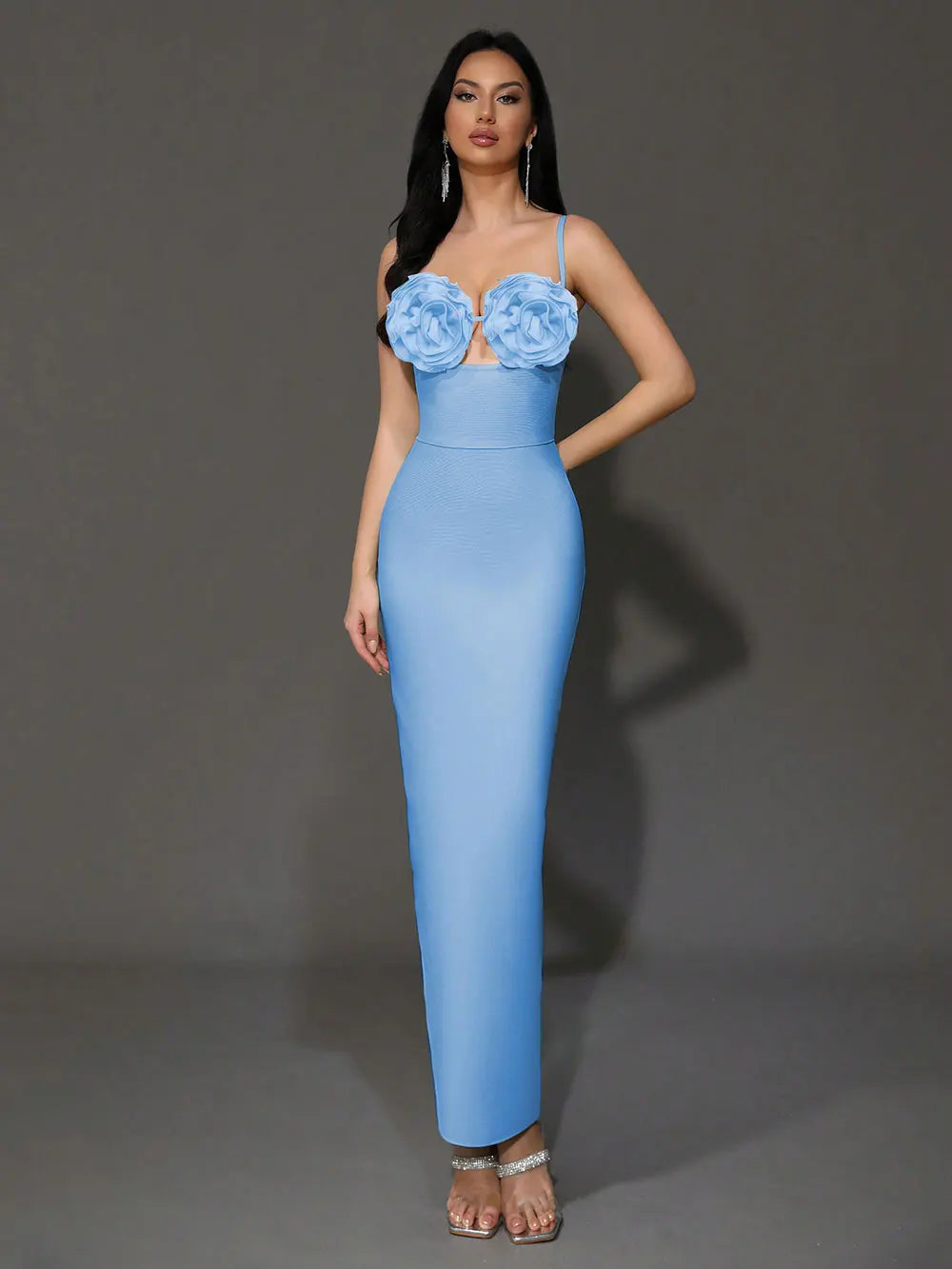 2024 Sexy Women'S Light Luxury Flower Design Bandage Dress Spaghetti Strap Sleeveless Bodycon Backless Long Dresses Vestidos Blue