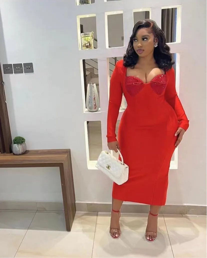 Black Red Color Women Long Sleeve Sexy Square Collar Rhinestones Bodycon Bandage Long Dress Nightclub Party Celebrate Dress Red