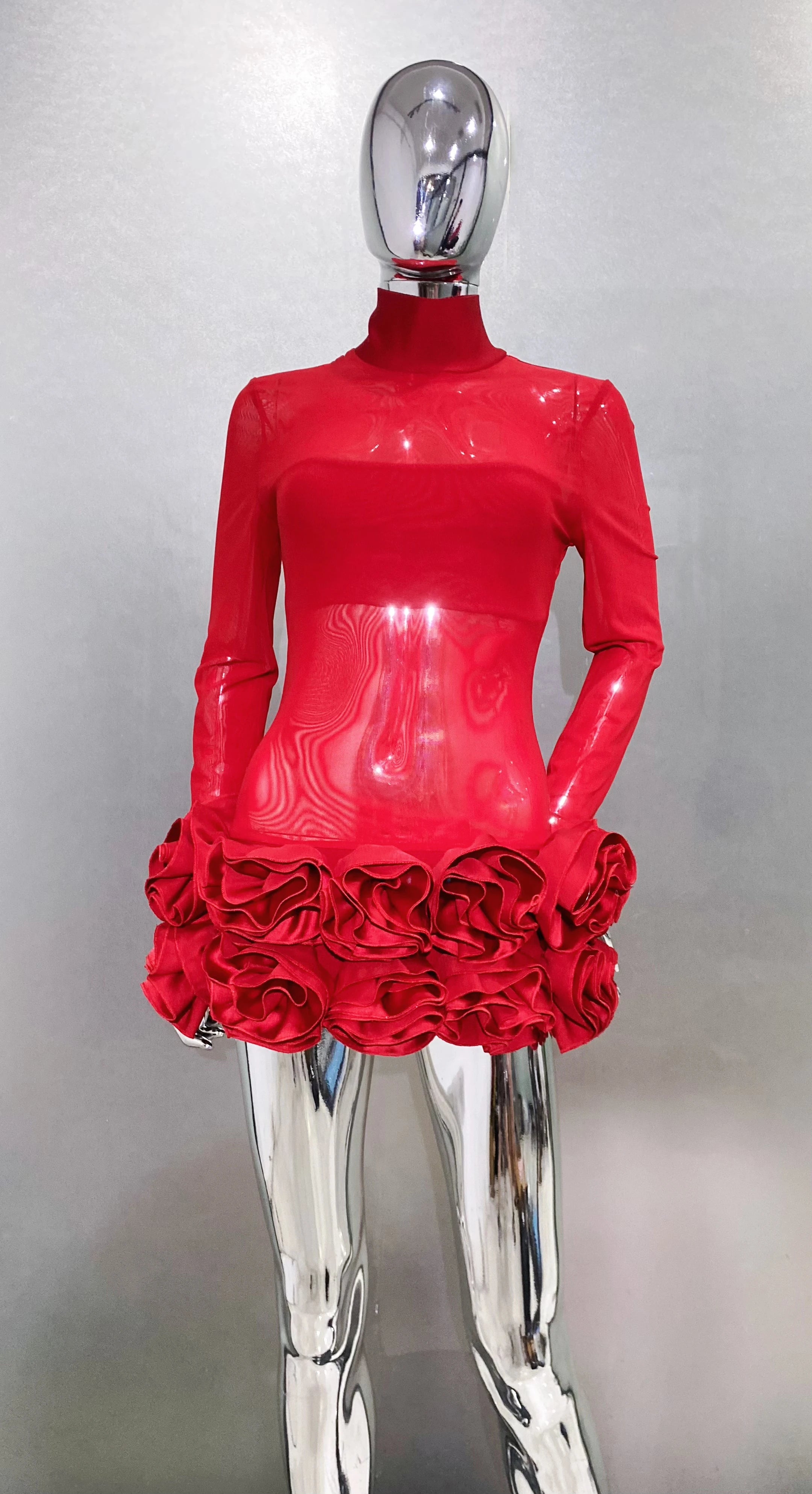 2024 New Sexy Mesh See through Stereoscopic Flowers Red Mini Evening Dress Sweet Woman Birthday Party Dress Performance costume Red