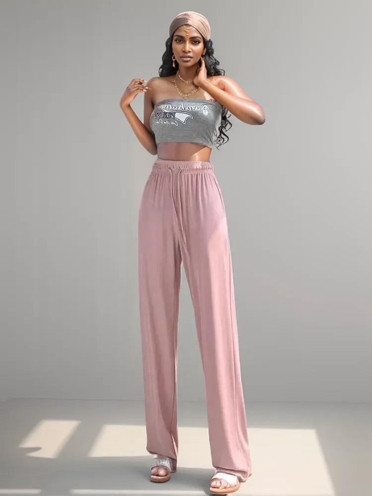 ABRINI Women Drawstring Elastic Waist Thin Solid Pants Casual Straight Pants Sports Wide Leg Trousers For Women Spring