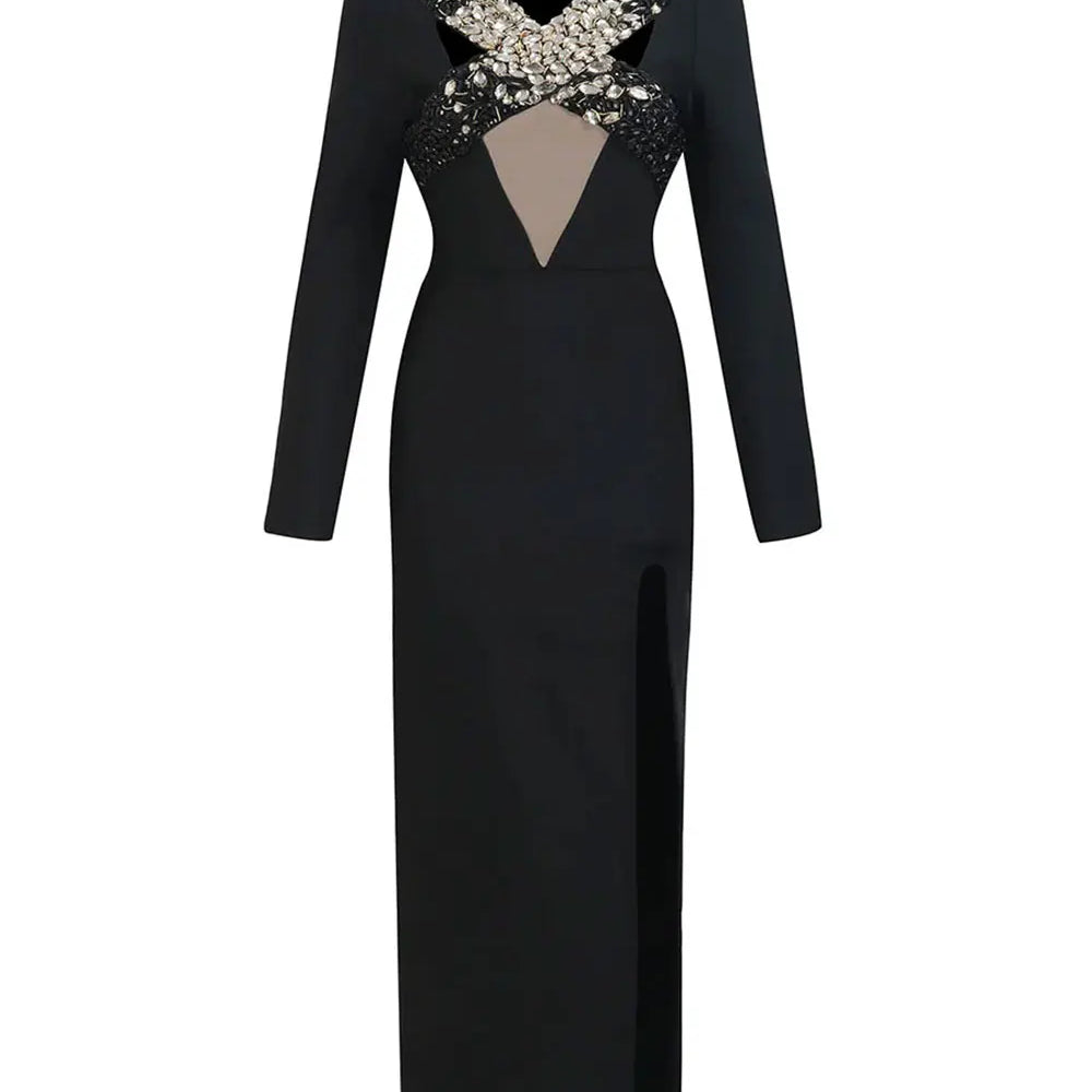 2025 Sexy Women'S Light Luxury Nail Bead Bandage Dresses V-Neck Long Sleeved Hollow Design Bodycon Split Length Dress Vestidos