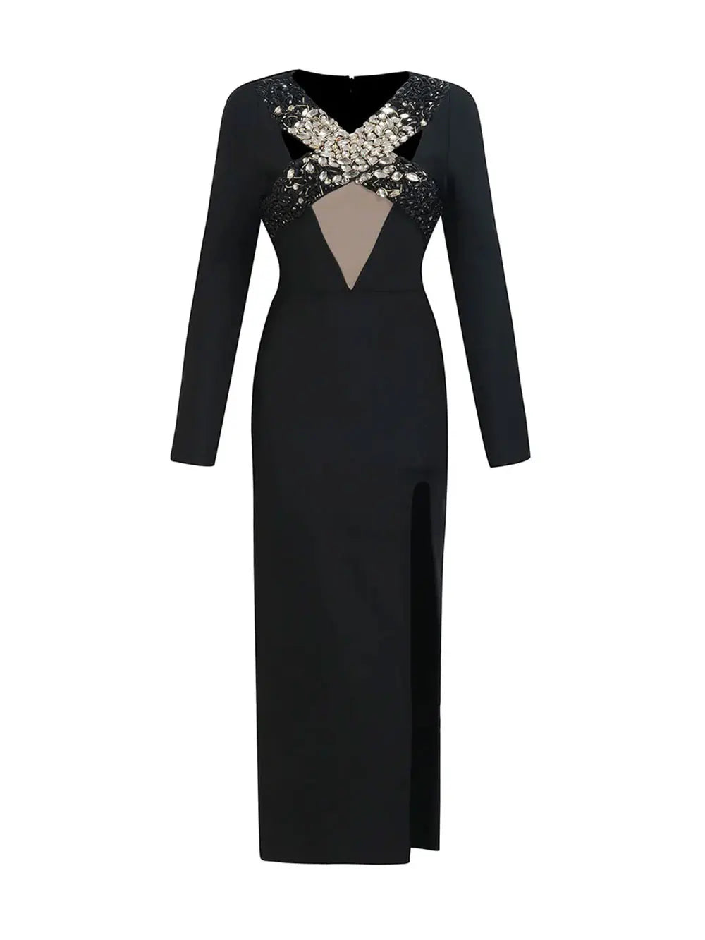 2025 Sexy Women'S Light Luxury Nail Bead Bandage Dresses V-Neck Long Sleeved Hollow Design Bodycon Split Length Dress Vestidos