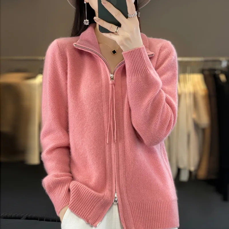 Women's 100% Merino Wool Knitting Sweater Clothing Autumn/Winter Casual Loose Top Fashion Korean Cashmere Large Zipper Jacket