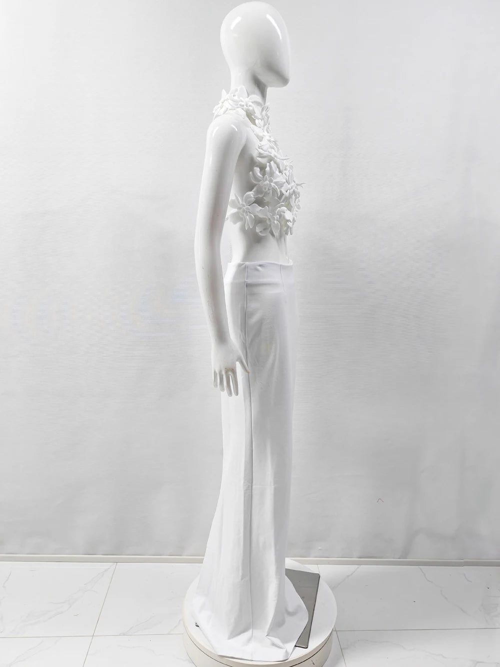 White Elegant 3D Flowers Hollow Out Beach Dresses Set Sexy See Though Crop Tops Long Skirts Women Sets Summer Female Outfits