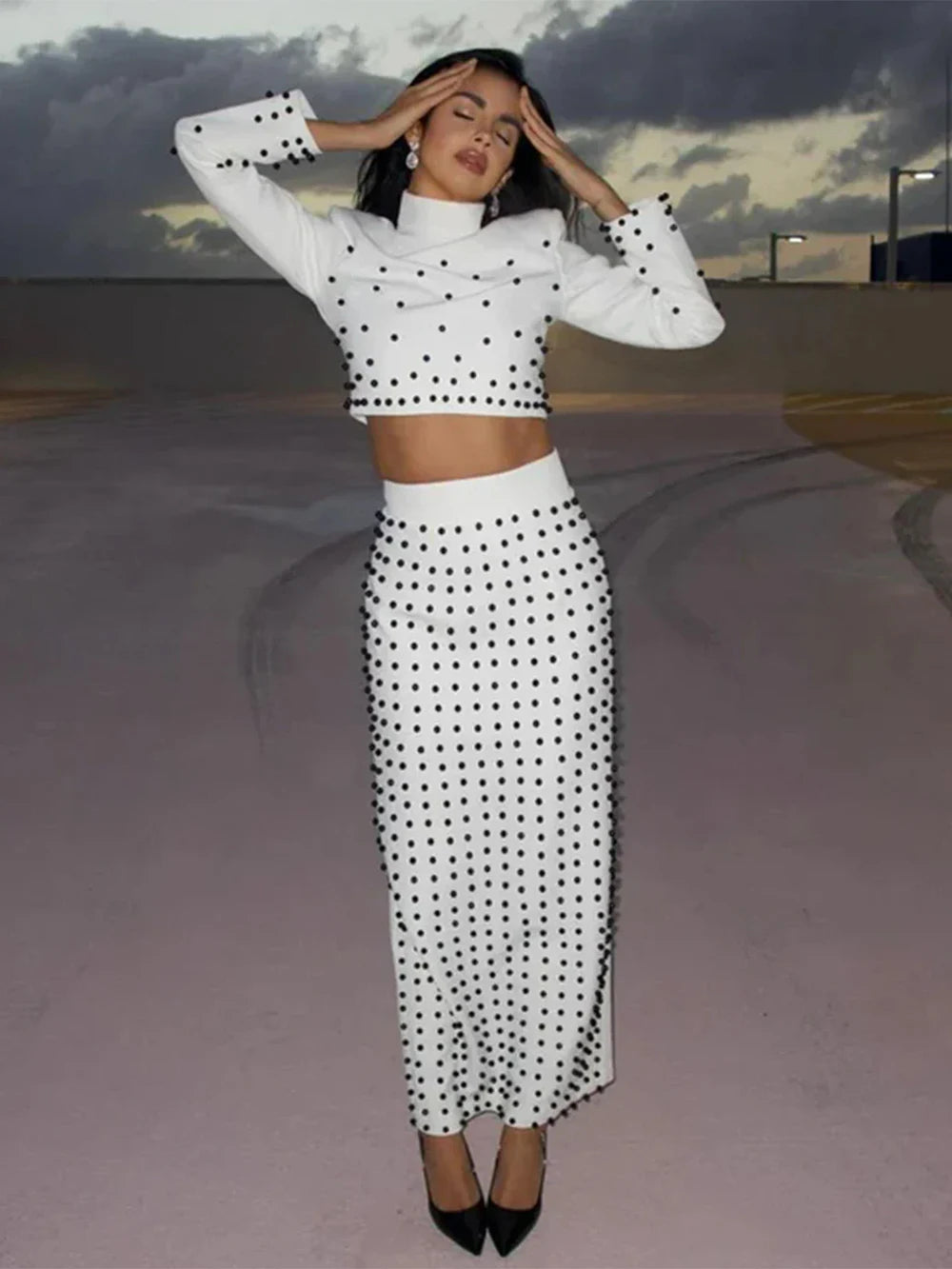 Women'S Black And White Beaded Short Top+Long Skirt Bandage Two-Piece Set Elegant Evening Party Female Outfit 2025 New