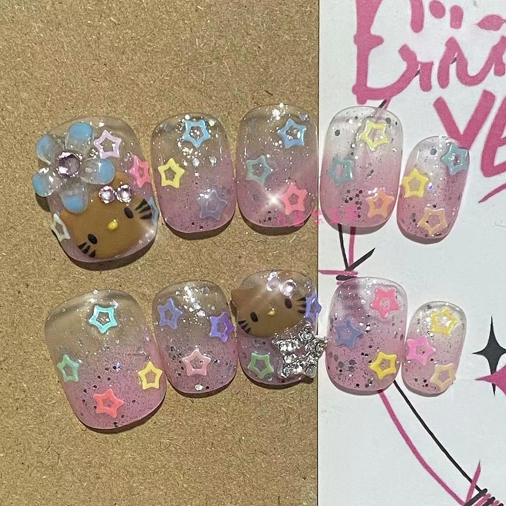 Été plage voyage vacances Hello Kitty conque ongles fille bleu jeunesse travail manuel personnalisable faux ongles fille soeur cadeau