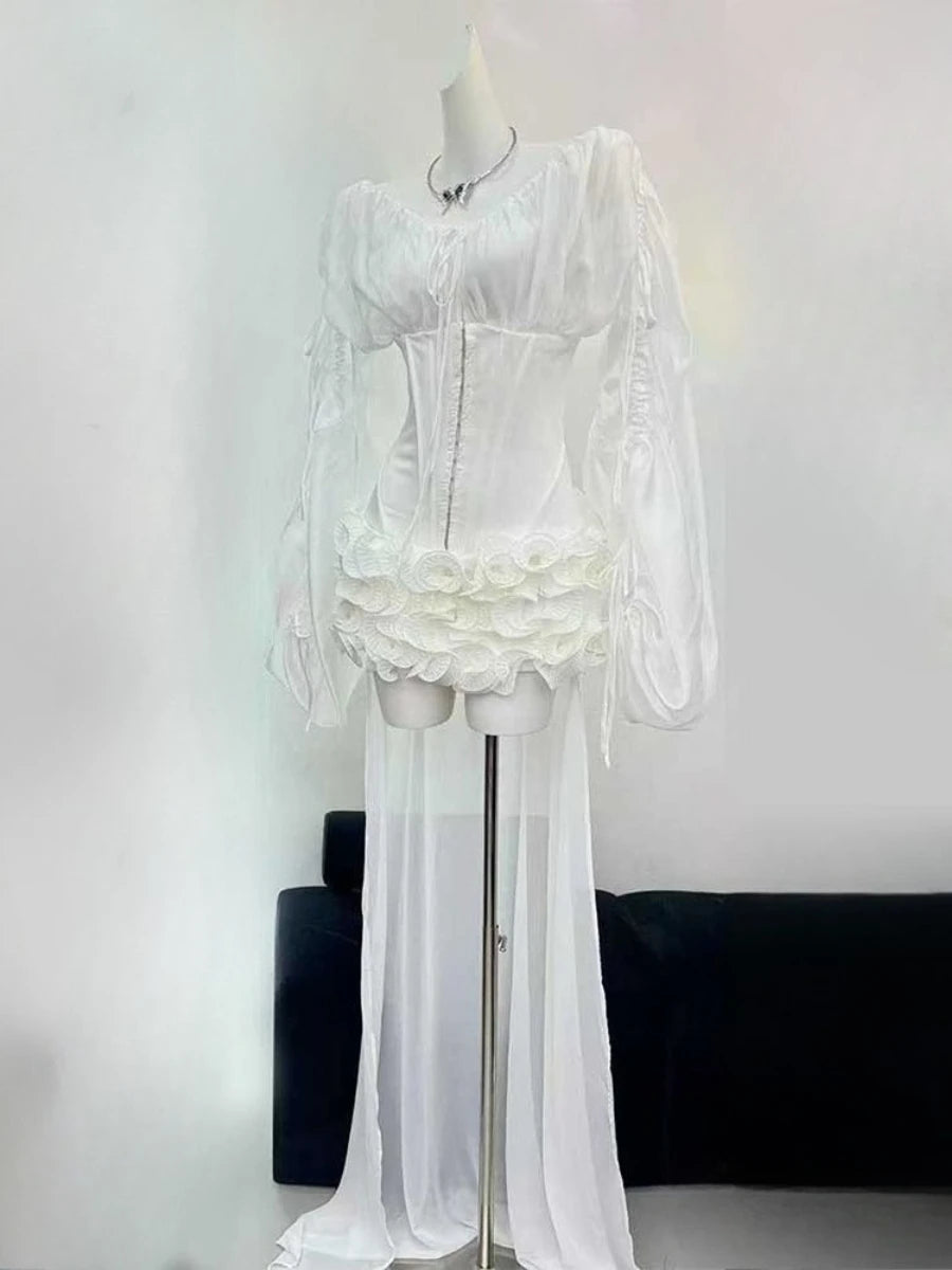 Solid Slimming Spliced Lace Up Mini Dresses for Women Slash Neck Long Sleeves Patchwork Fungus Folds Dress Female WHITE