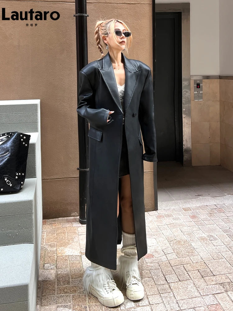 Spring Autumn Extra Long Black Loose Pu Leather Trench Coat for Women Shoulder Pads Double Breasted Faux Leather Blazer