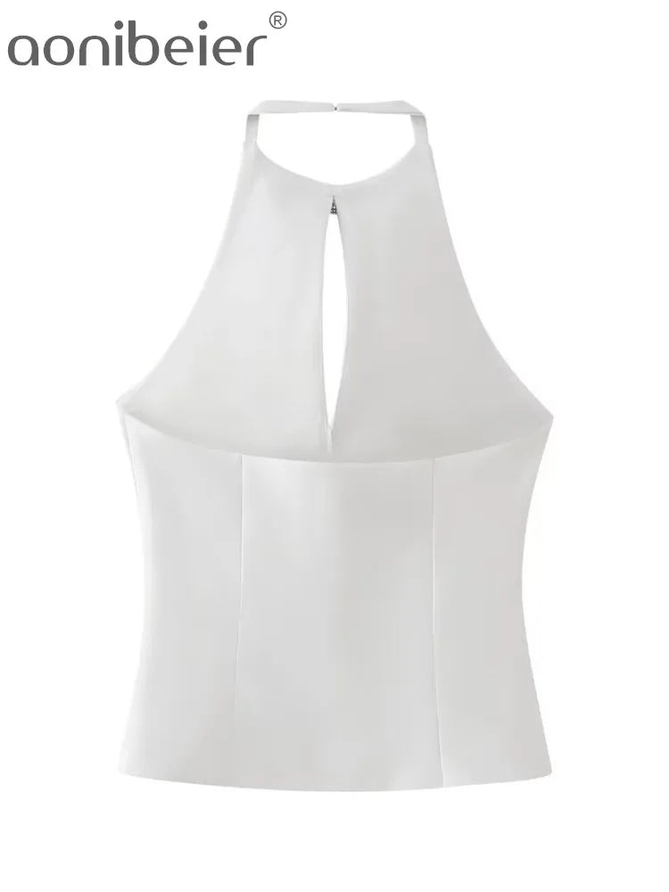 Aonibeier Y2K Black White Women Camis Traf Summer Diamonds Bow Hollow Out Sleeveless Backless Slim Halter Female Crop Top