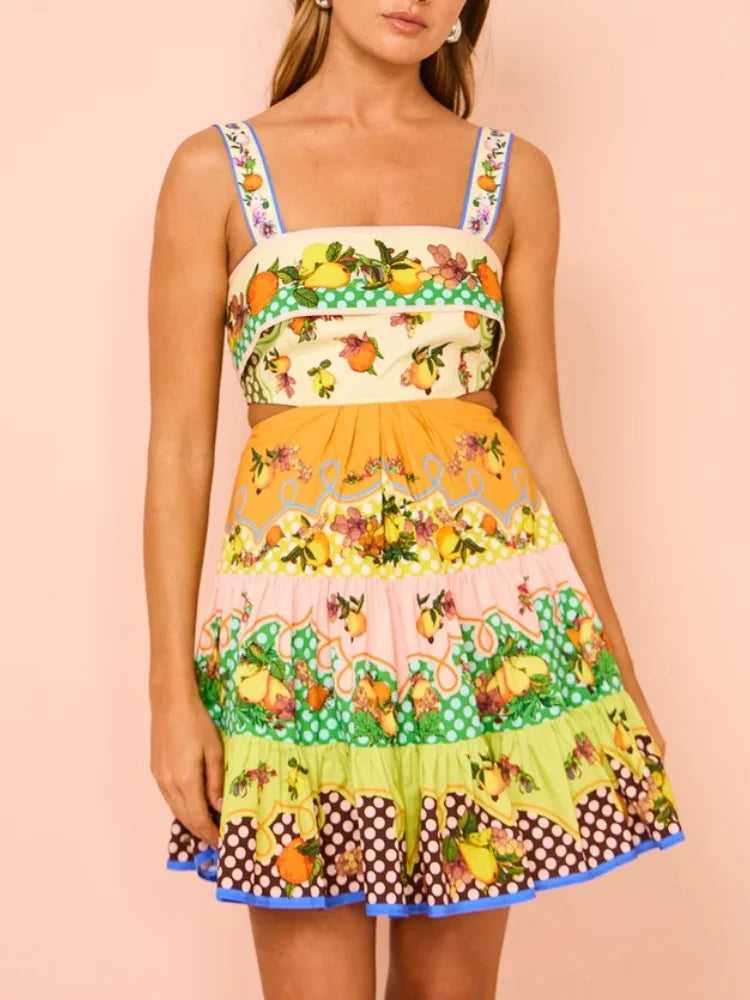 Casual Chic Print Sleeveless Backless Mini Dress Women Fashion A-line Strap Slip Short Dress Summer Elegant Vestido Holiday Mixed Color