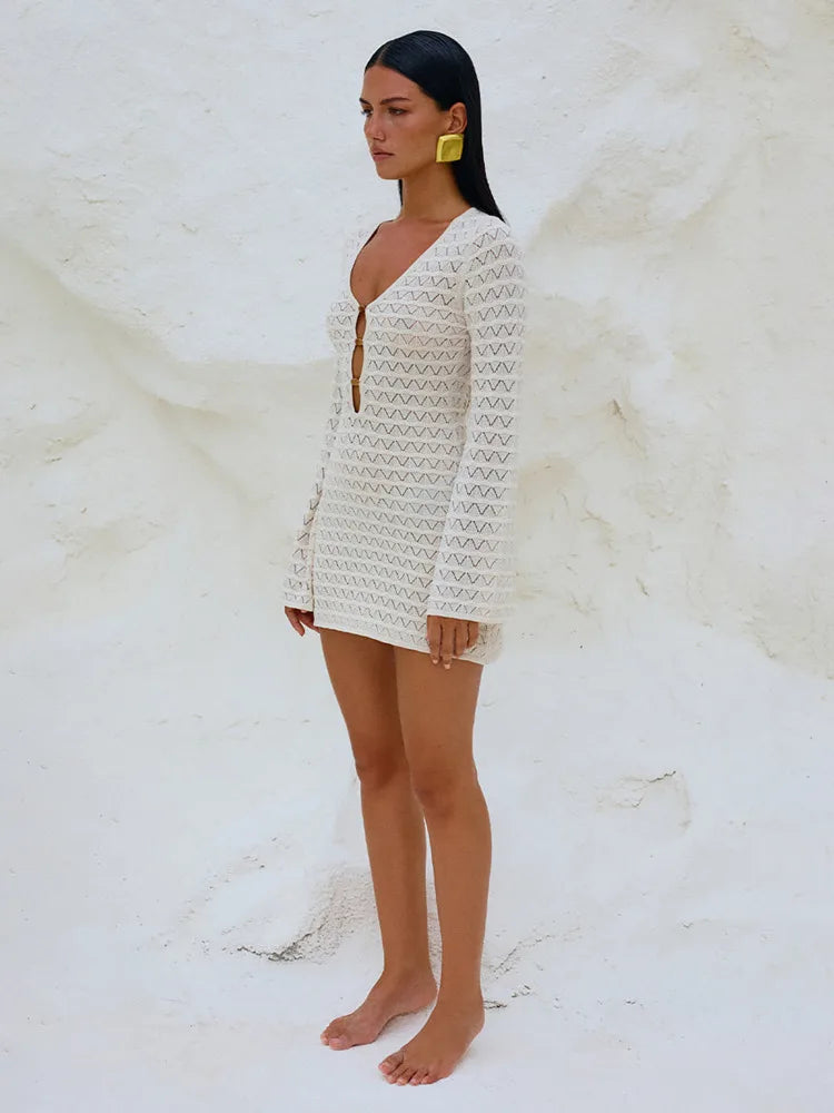 Mozision Sexy Knitted Beach Dress For Woman White Hollow Out Deep V Neck Long Sleeve High Waist A-line Knit Dress Knitwear