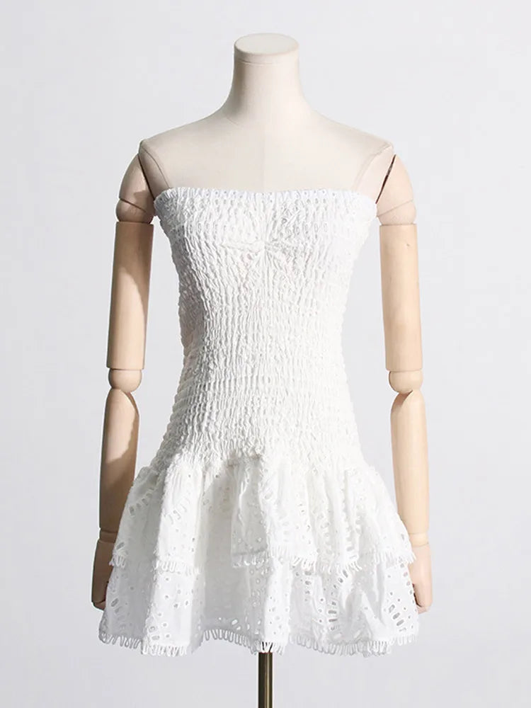 Women Print Strapless Mini Dress Sexy Slim Backless Sleeveless Ruffles High Waist Vestidos Summer Ladies Party Club Dress 2024 White