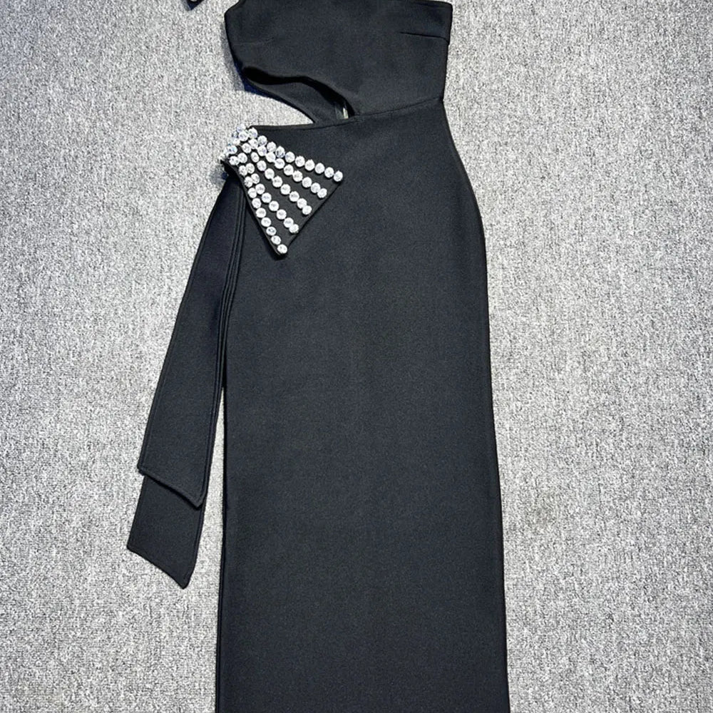 2024 Sexy Women's Light Luxury Nail Diamond Bandage Dress One Shoulder Slant Neck Bodycon Waist Long Dress Evening Party Vestido black