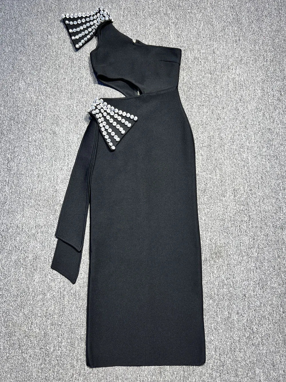 2024 Sexy Women's Light Luxury Nail Diamond Bandage Dress One Shoulder Slant Neck Bodycon Waist Long Dress Evening Party Vestido black