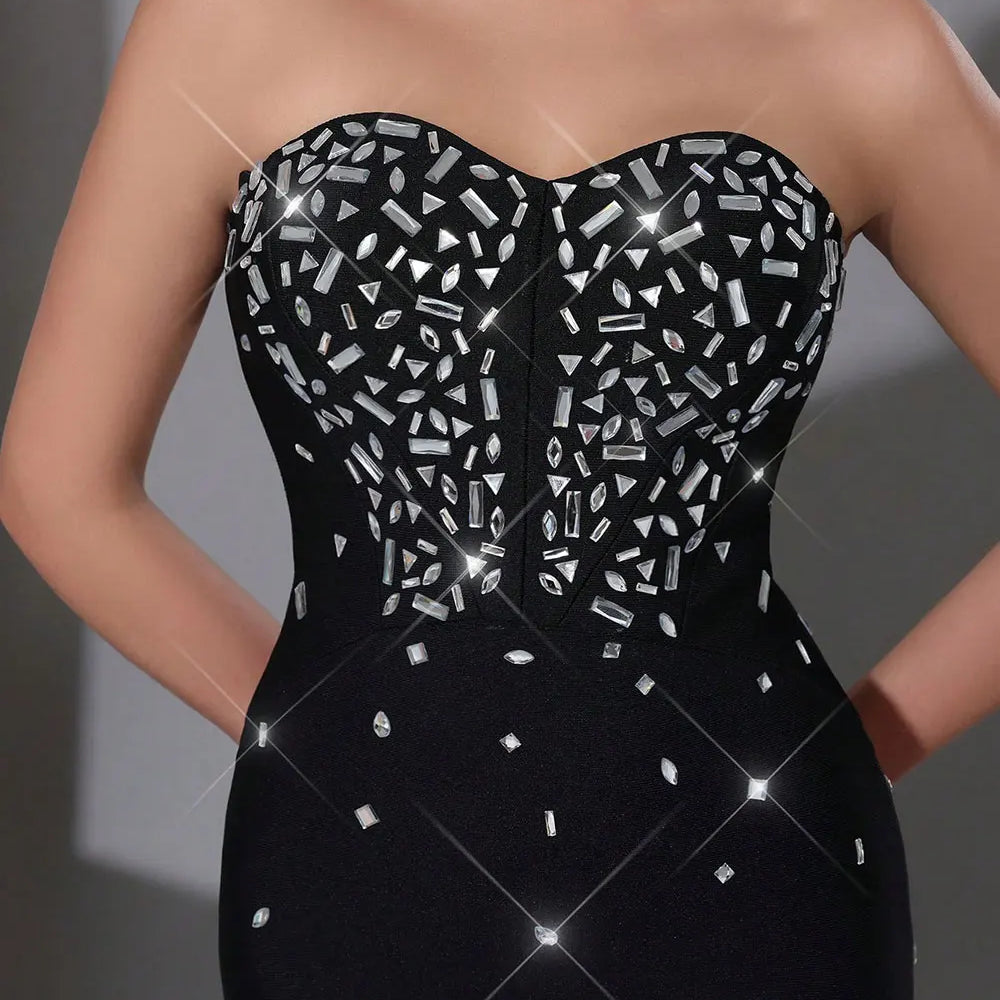 2025 Sexy Women's Nail Bead Design Bandage Dress Strapless Sleeveless Bodycon Backless Long Dress Cocktail Dinner Dress Vestitos