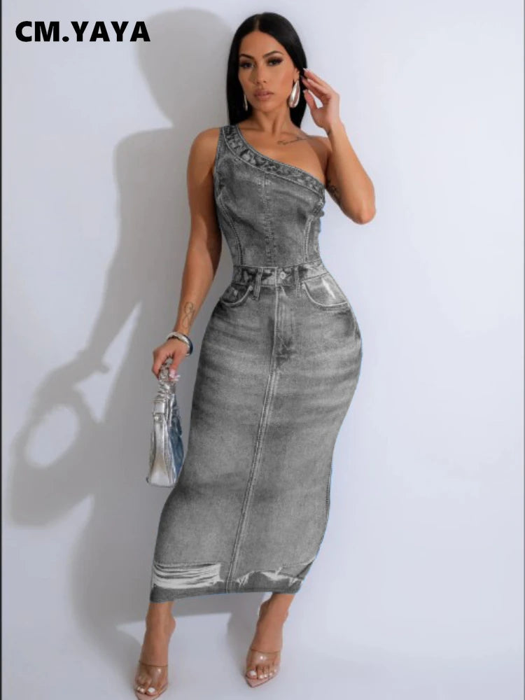 Women Fake Jean 3D Printed One Shoulder Sleeveless Bodycon Midi Maxi Dress 2024 Club Sexy Party Long Dresses Vestido