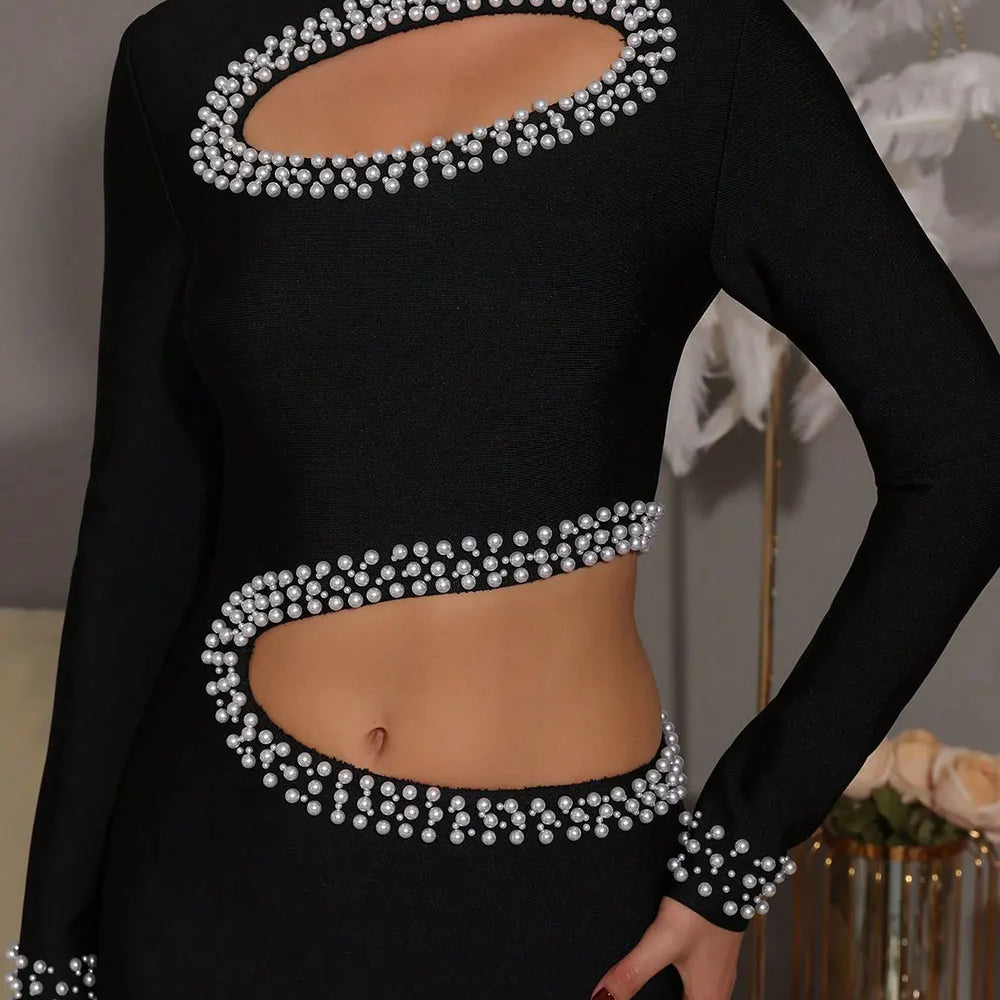 2025 Sexy Women's Pearl Nail Bead Design Bandage Long Dress Stand Collar Long Sleeve Bodycon Hollow Dress Cocktail Banquet Dress