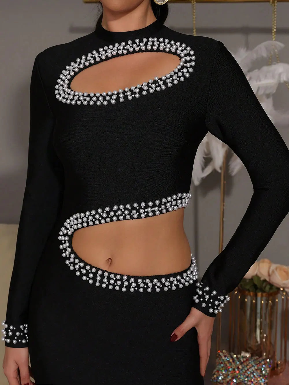 2025 Sexy Women's Pearl Nail Bead Design Bandage Long Dress Stand Collar Long Sleeve Bodycon Hollow Dress Cocktail Banquet Dress