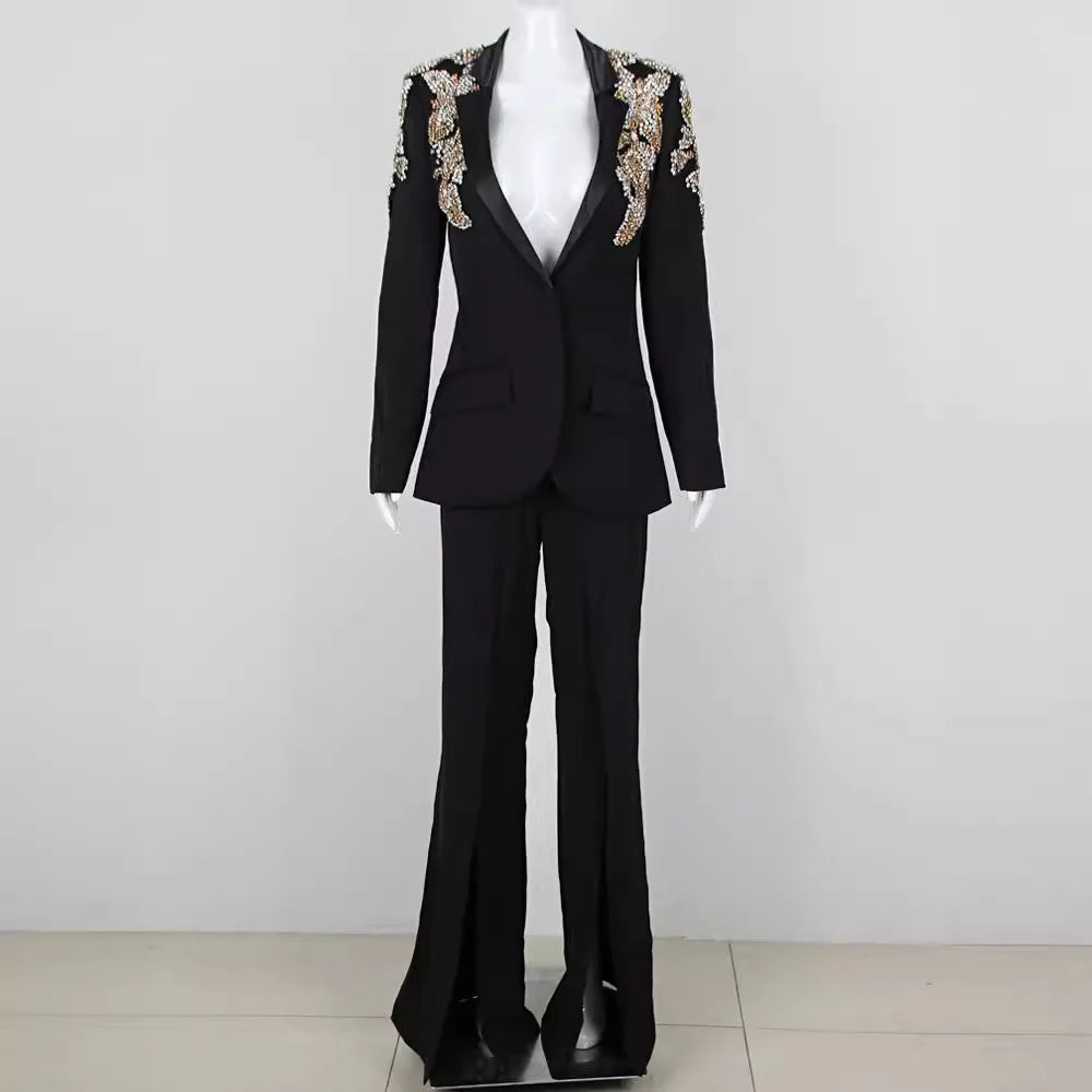 Slimming Two Piece Sets for Women V Neck Long Sleeves Spliced Appliques Top High Waist Wide Leg Pant Set Female New BLACK