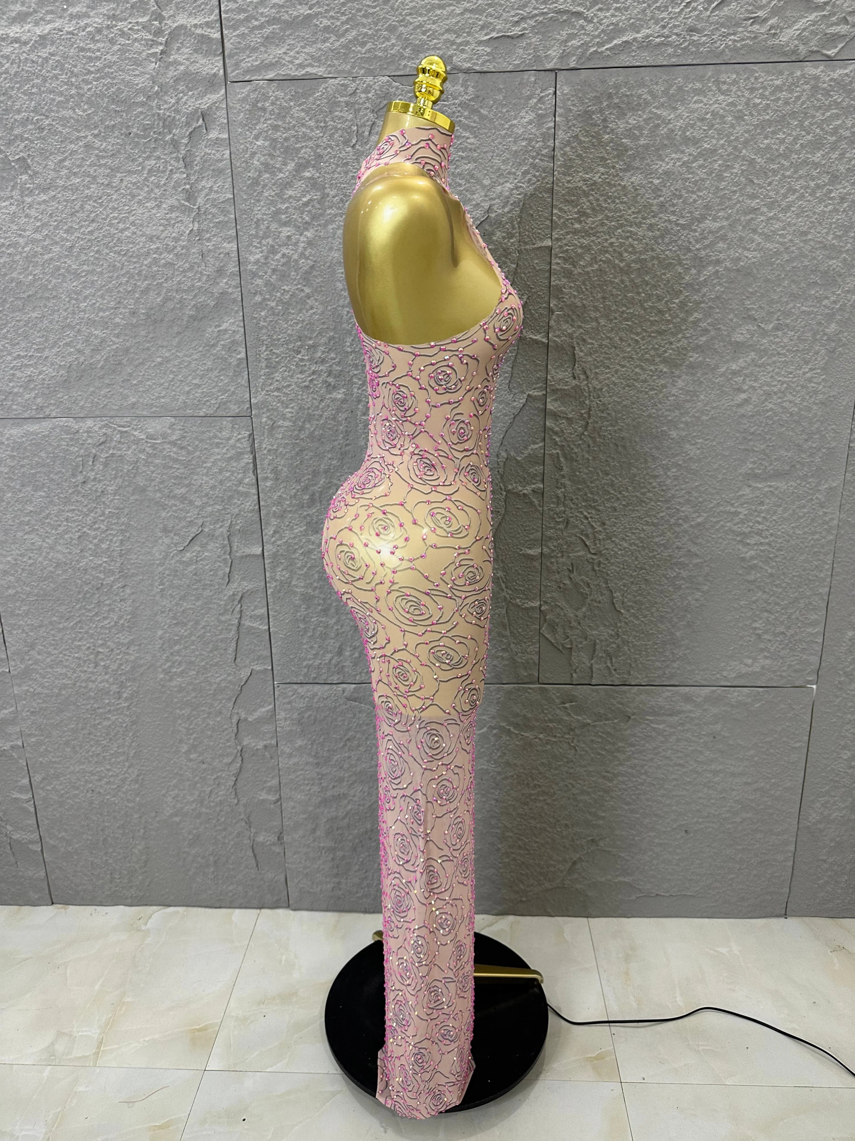 Sexy Glamorous Nude Halter Neck Maxi Dress Sheer Mesh 3D Rose Beaded Embellished Bodycon Nightclub Party Outfit