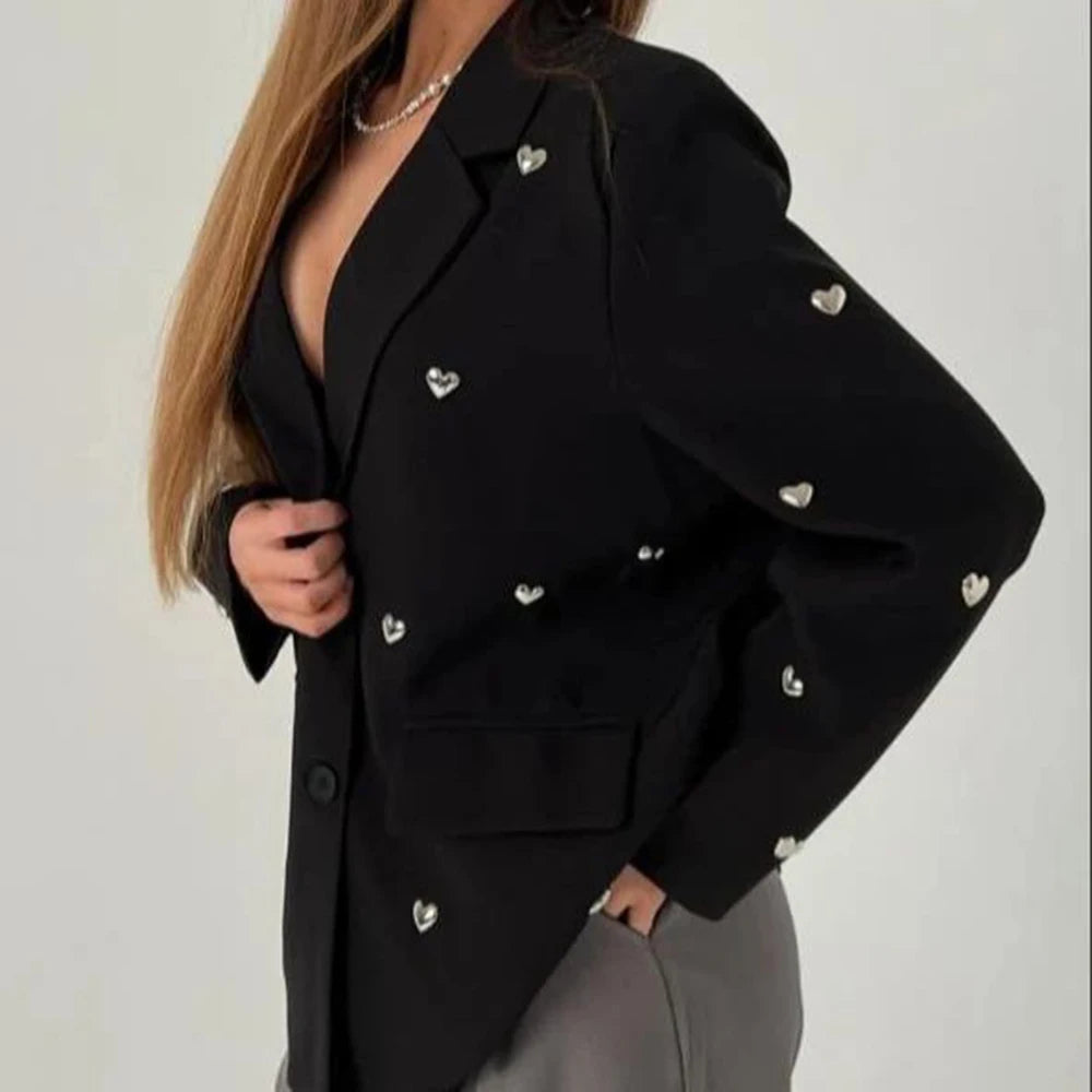 Elegant Spliced Heart Blazers For Women Notched Collar Long Sleeve Patchwork Pockets Chic Blazer Female Fashion New