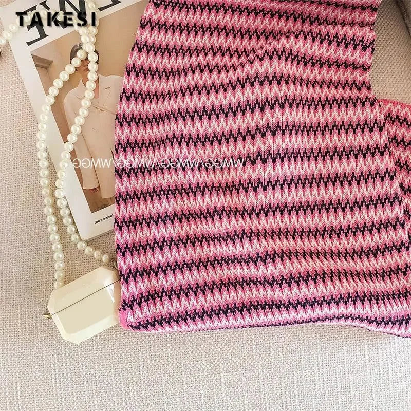 Women Short Sleeve Round Neck Striped Luxury Sheath Mini Dresses Summer Patchwork High Waist Slim Fit Knitting Dress