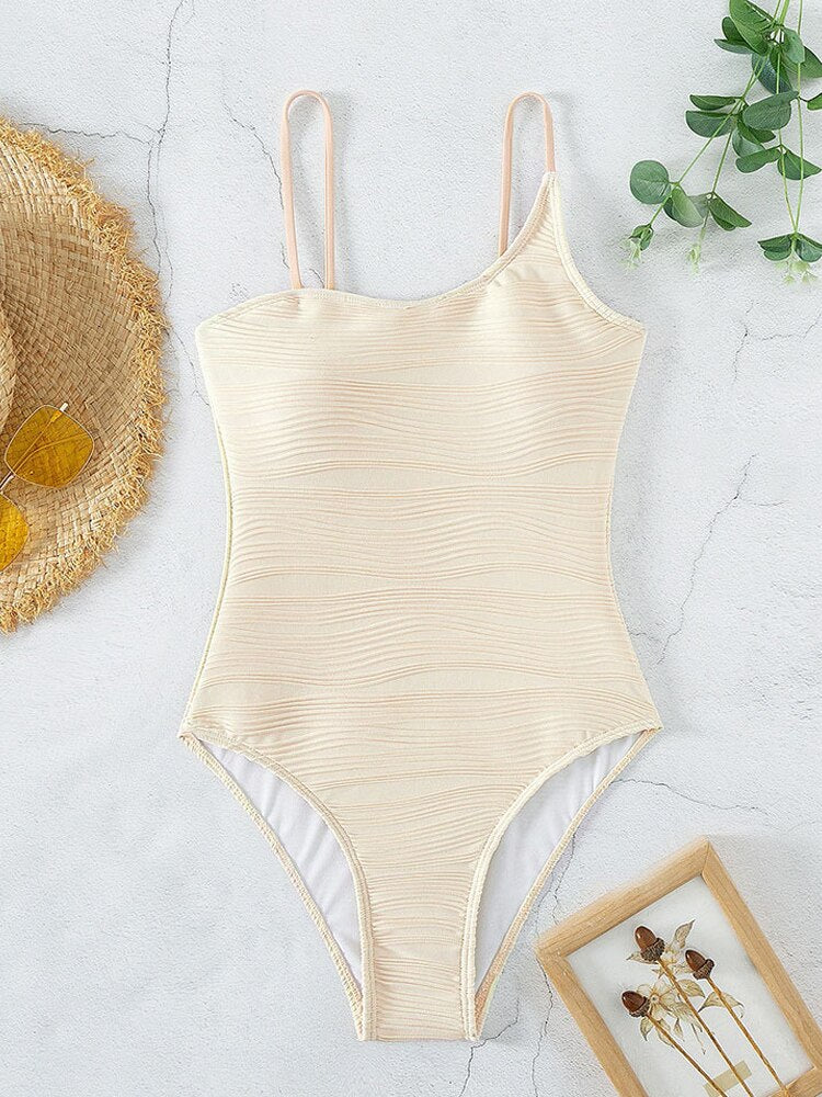 Sexy Beige Strapped Swimwear Women Solid High Cut Push UP