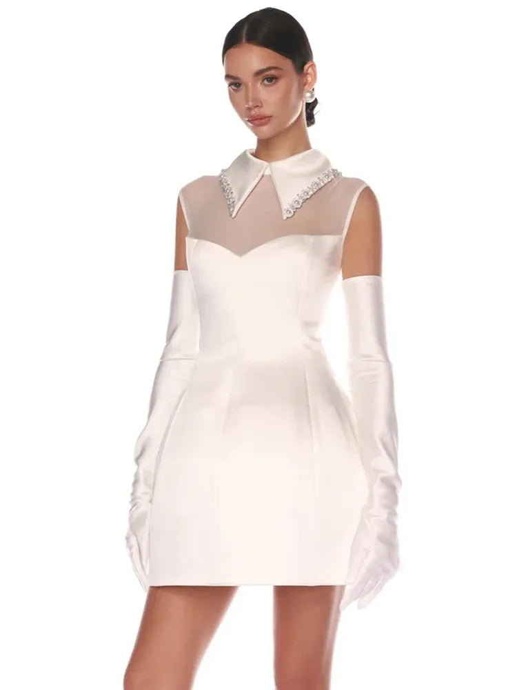 Luxury Women Celebrity Sexy Tank White Pearl Diamonds A Line White Mini Bodycon Dress Elegant Evening Club Party Dress