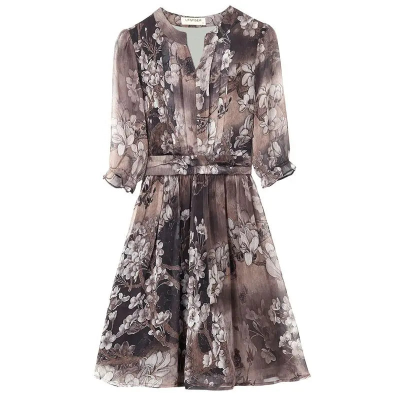 Elegant Printing Spliced Folds Chiffon Floral Dress Women Clothing 2024 Summer New Loose Office Lady Butterfly Sleeve Mini Dress