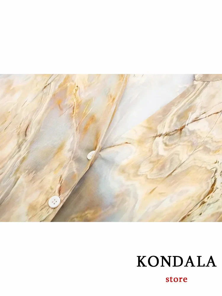 KONDALA Vintage Tie Dye Print Women Suit V-Neck Long Sleeve V Neck Shirts+High Waist Straight Loose Pants Fashion Sets