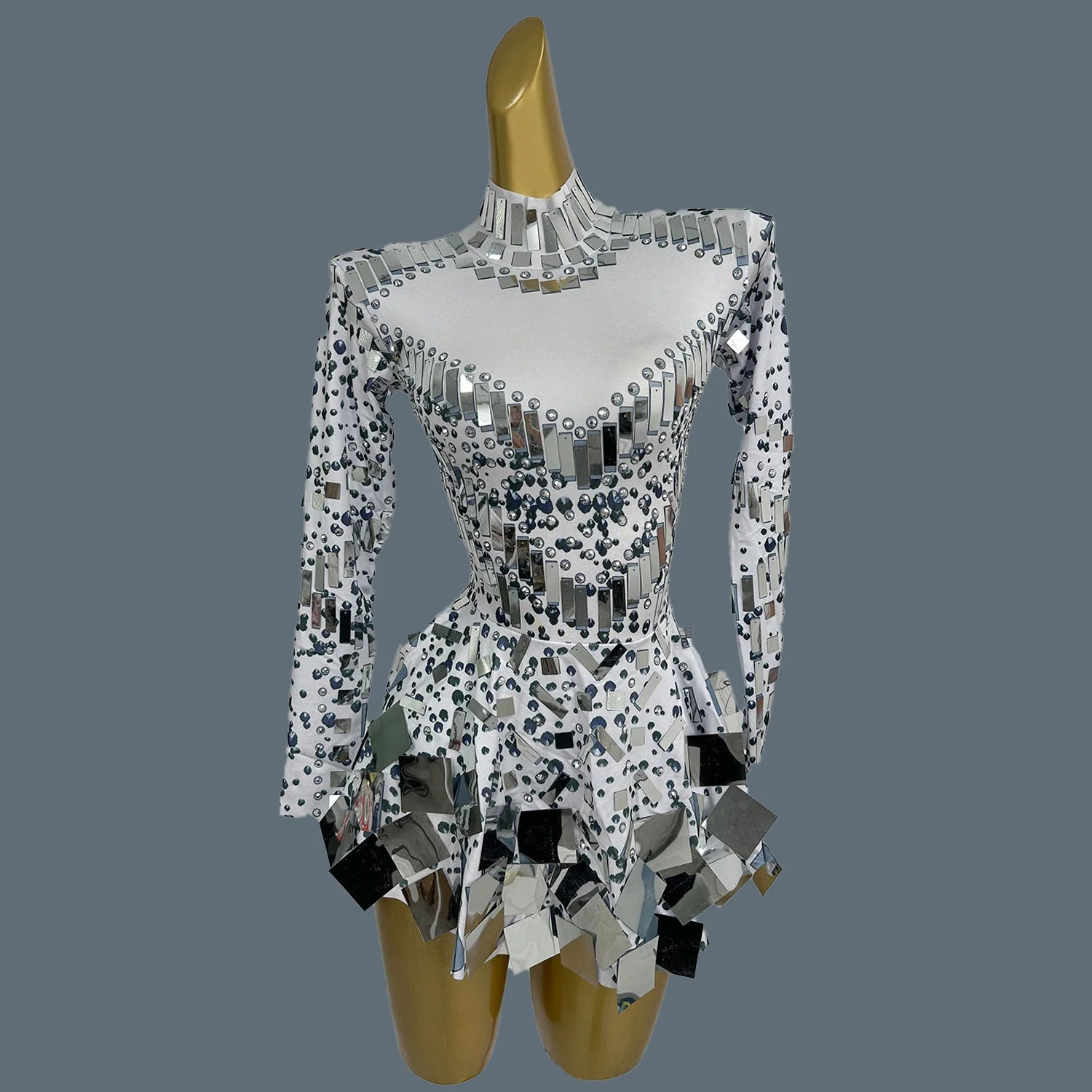 Fancy Sequins Pleated Mini Dress for Hot Girls Bar Nightclub Stage Show Outfit Dance Performance Wear Dance Troupe Outfit Xieshi White Silver One Size