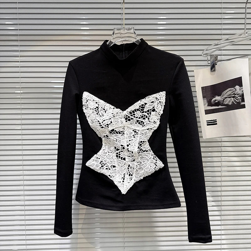 Winter New Fashionable Lace Patchwork High Neck Long Sleeve T-Shirt For Women Slim Fit Versatile Tops Female 11A07652 Black