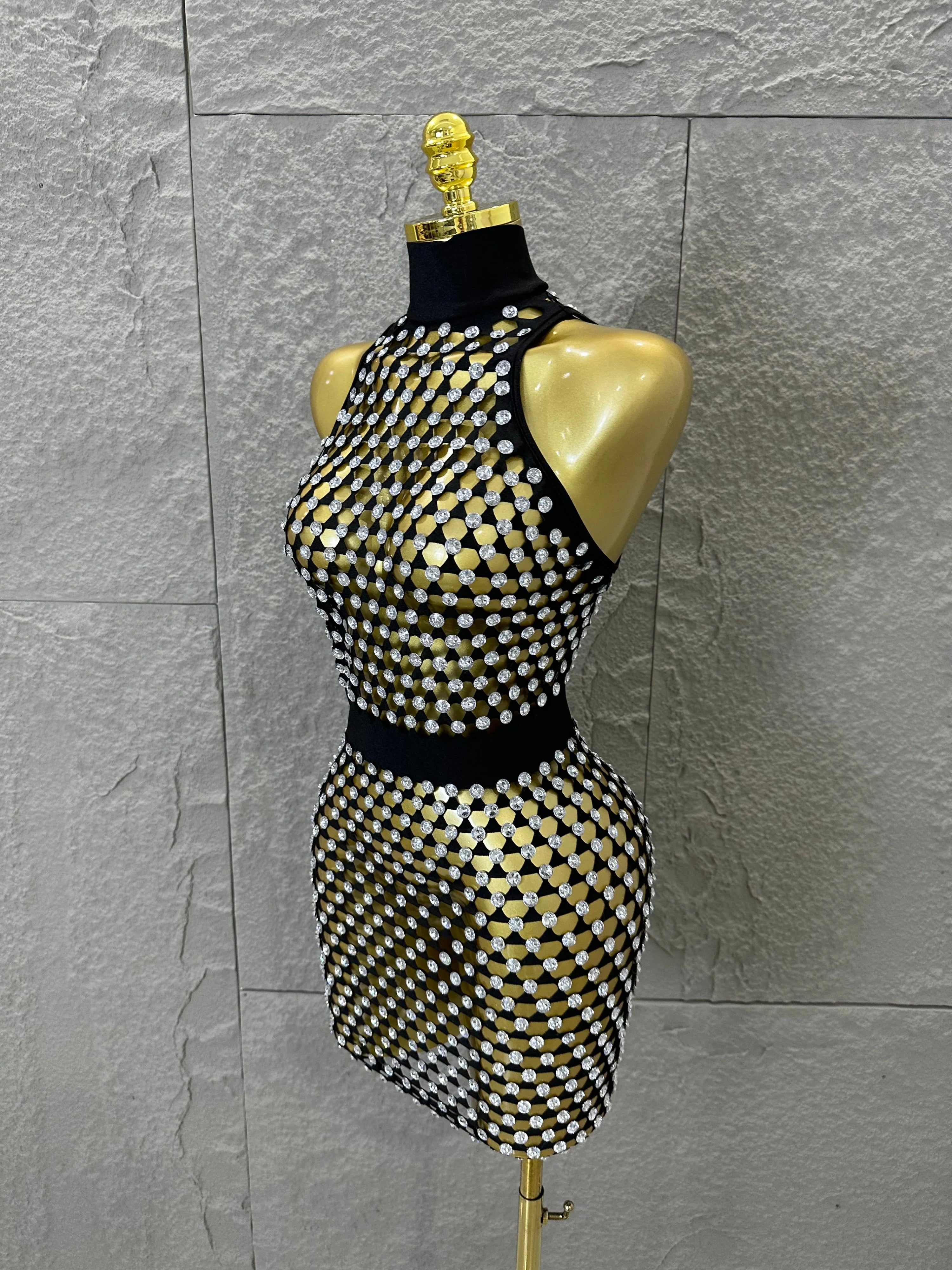 Luxury 2026 Glamorous Black Mesh Halter Mini Dress Sparkle Rhinestone Gold Silver Bead Bodycon Bar Stage Performance Costume